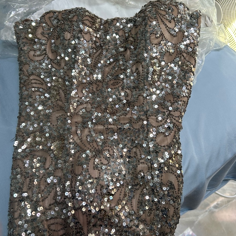 Scala Formal Strapless Taupe Sequined Dress